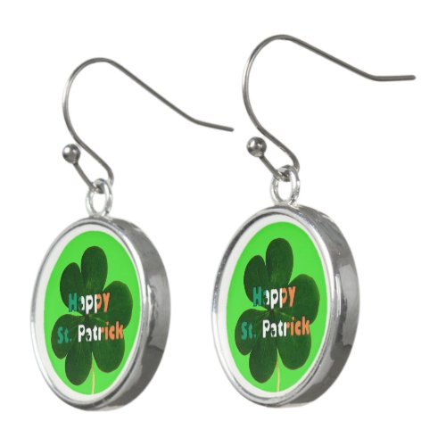 Happy St Patrick Irish Flag Colors Shamrock Green Earrings