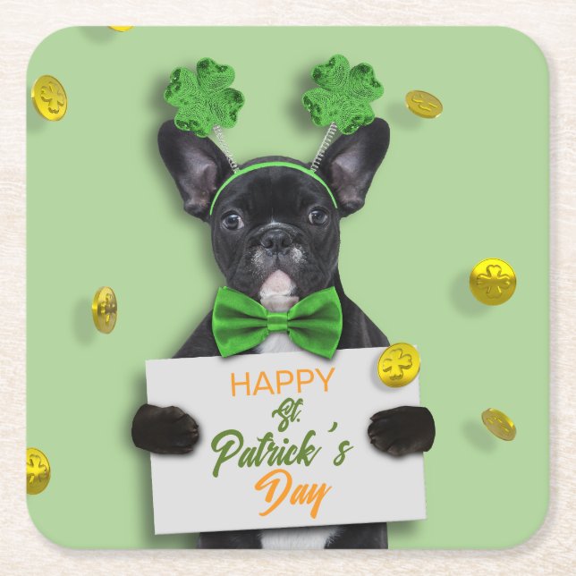 Happy St. Patrick’s Day Clover Cute French Bulldog Square Paper Coaster (Front)