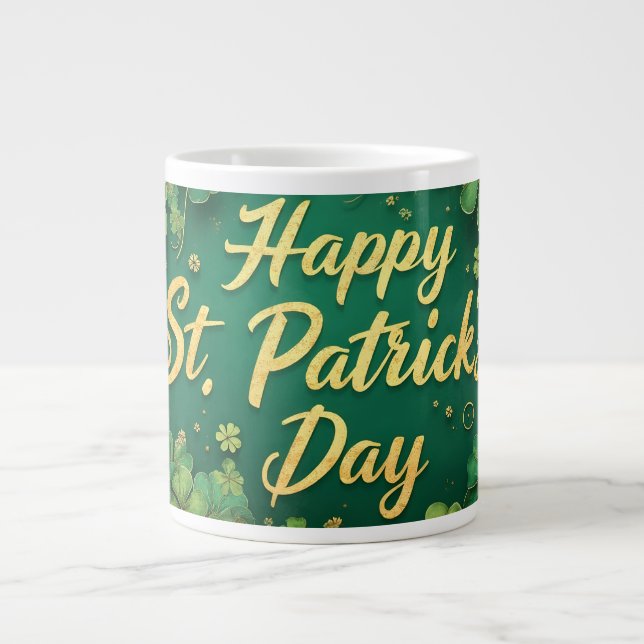 Happy St. Patrick’s Day Clover Design Giant Coffee Mug (Front)