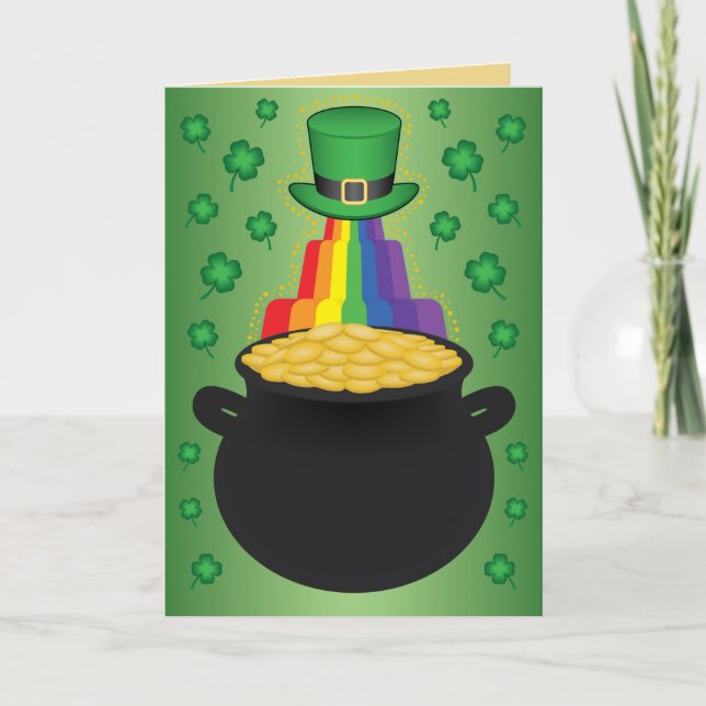 Happy St.Patrick’s Day Clover/Rainbow/Pot of Gold  Holiday Card (Front)