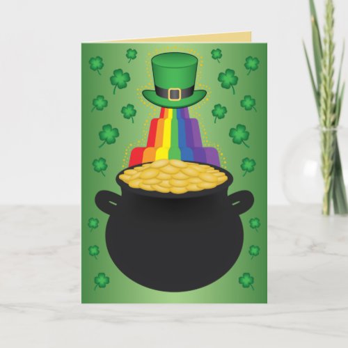 Happy StPatrickâs Day CloverRainbowPot of Gold  Holiday Card