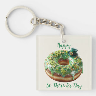 Happy St. Patrick’s Day Donut with Leprechaun Hat Keychain