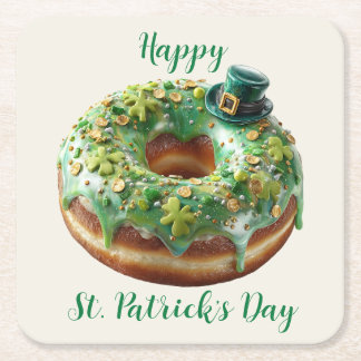 Happy St. Patrick’s Day Donut with Leprechaun Hat Square Paper Coaster