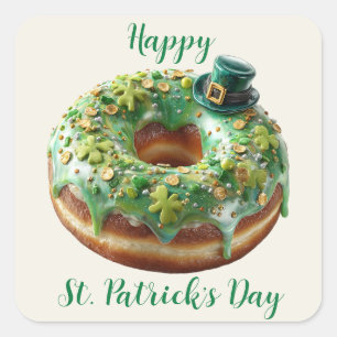 Happy St. Patrick’s Day Donut with Leprechaun Hat Square Sticker