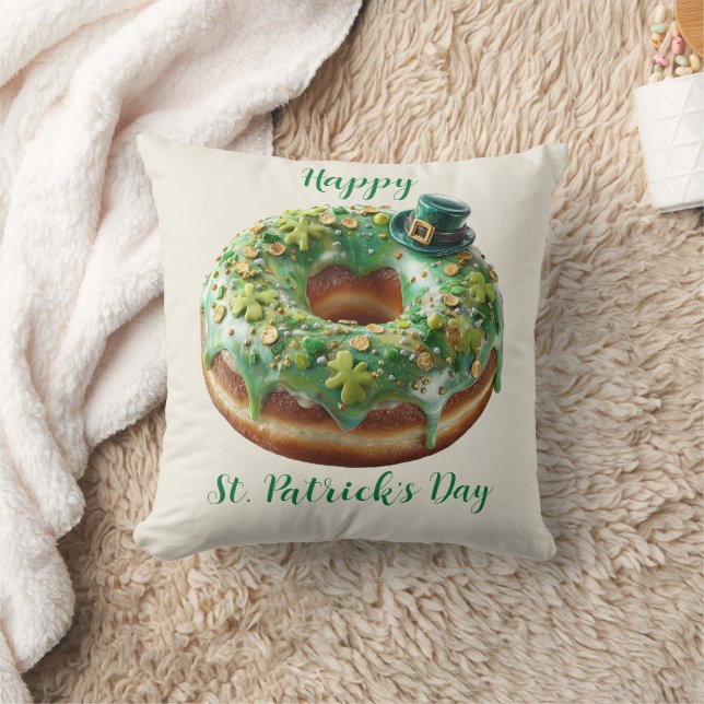 Happy St. Patrick’s Day Donut with Leprechaun Hat Throw Pillow (Blanket)