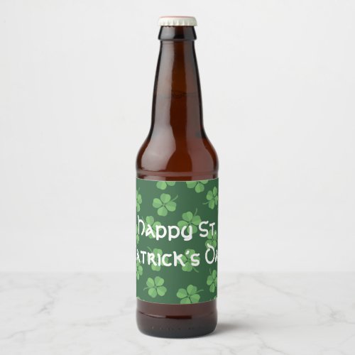 Happy St Patricks Day Green Four Leaf Clovers Beer Bottle Label