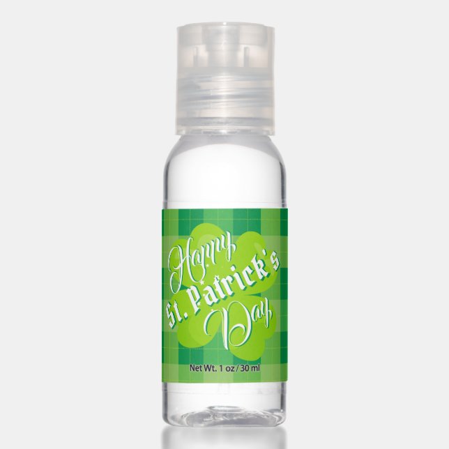 Happy St. Patrick\s Day Green Tartan Lucky Clover Hand Sanitizer (Front)