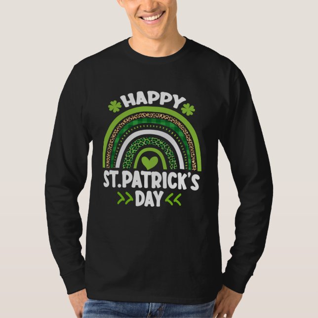 Happy St Patrick s Day Leopard Print Rainbow Shamr T-Shirt (Front)