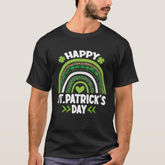 Happy St Patrick s Day Leopard Print Rainbow Shamr T-Shirt (Front)