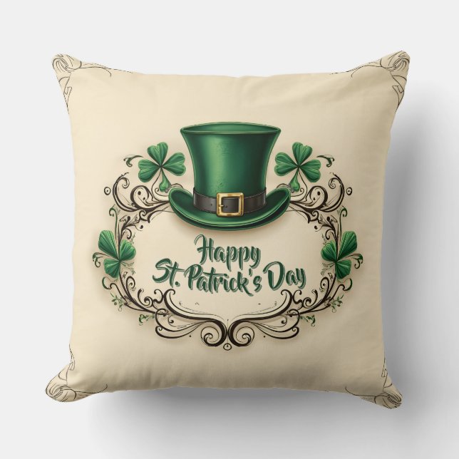 Happy St. Patrick’s Day Shamrock Design Throw Pillow (Front)