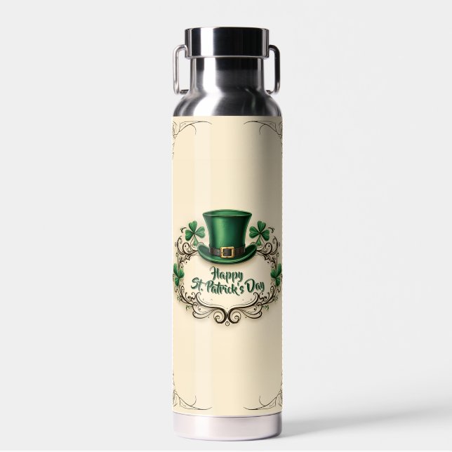 Happy St. Patrick’s Day Shamrock Design Water Bottle (Front)