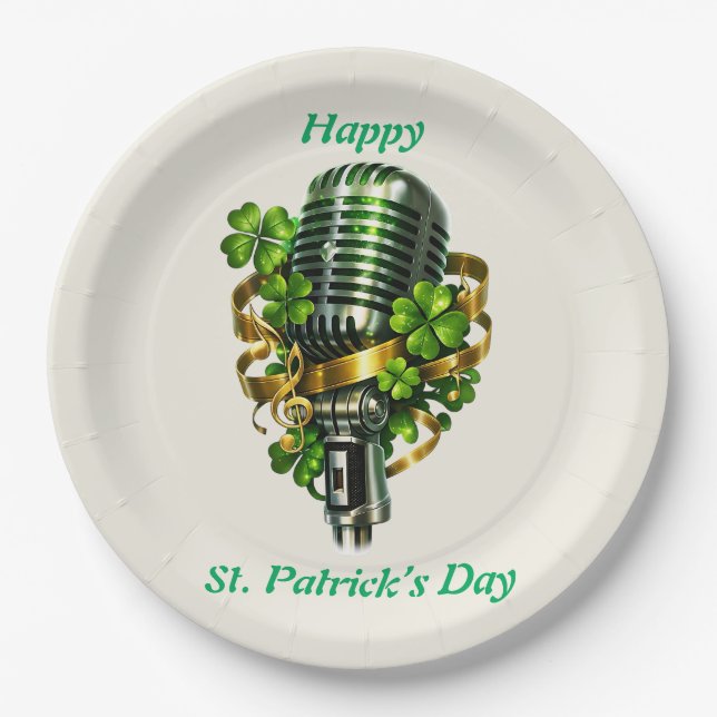 Happy St. Patrick’s Day Shamrock & Microphone Paper Plates (Front)