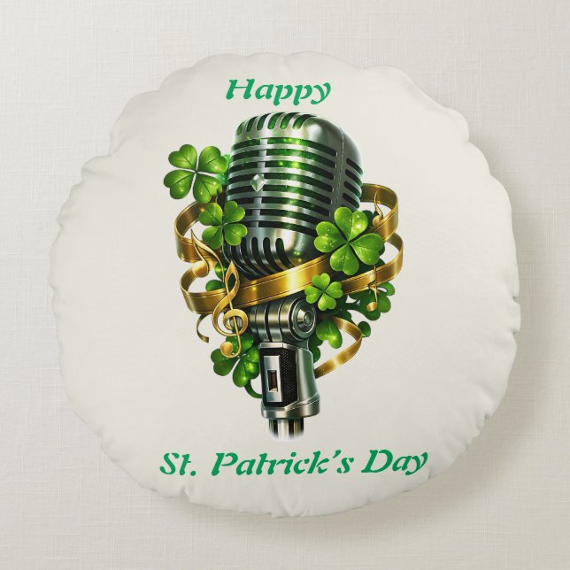 Happy St. Patrick’s Day Shamrock & Microphone Round Pillow (Front)