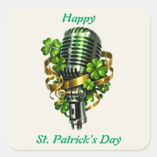 Happy St. Patrick’s Day Shamrock & Microphone Square Sticker