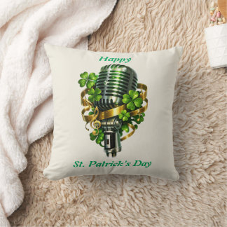 Happy St. Patrick’s Day Shamrock & Microphone Throw Pillow