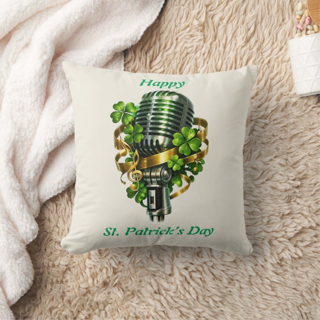Happy St. Patrick’s Day Shamrock & Microphone Throw Pillow (Blanket)