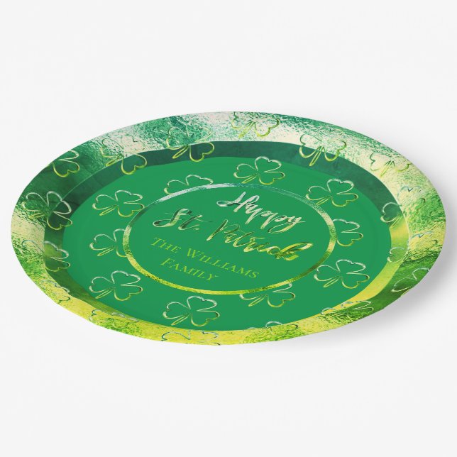 Happy St. Patrick Shamrock Green Clovers Irish Paper Plates (Angled)
