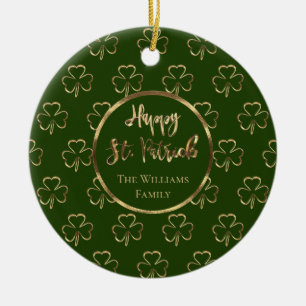 Happy St. Patrick Shamrocks Green Clovers Irish Ceramic Ornament