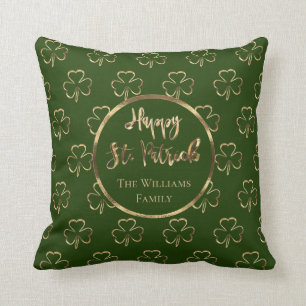 Happy St. Patrick Shamrocks Green Clovers Irish Throw Pillow