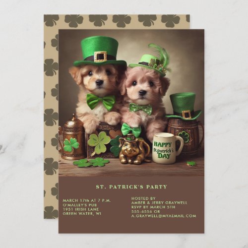 Happy St Patricks Day Adorable Puppies Green Hats Invitation