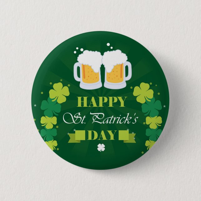 Happy St. Patricks Day Beer and Clovers Button (Front)