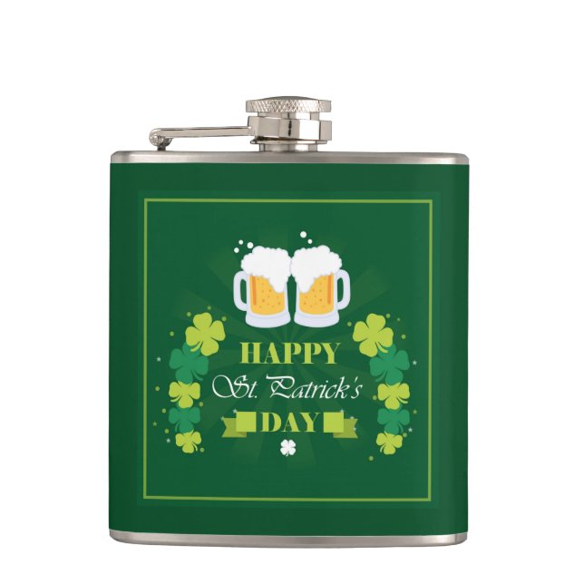 Happy St. Patricks Day Beer and Clovers Flask (Front)