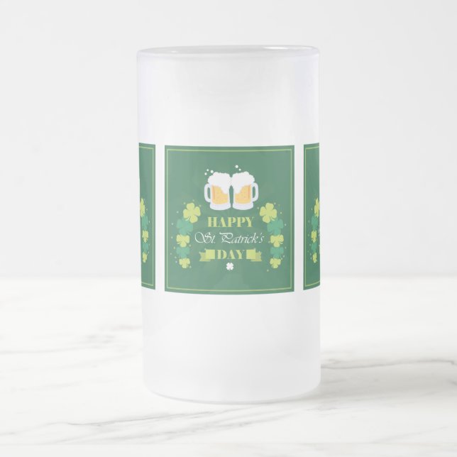 Happy St. Patricks Day Beer and Clovers Frosted Glass Beer Mug (Center)