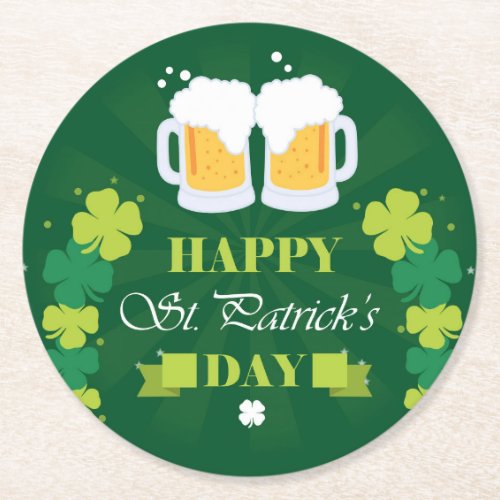 Happy St Patricks Day Beer and Clovers Round Paper Coaster