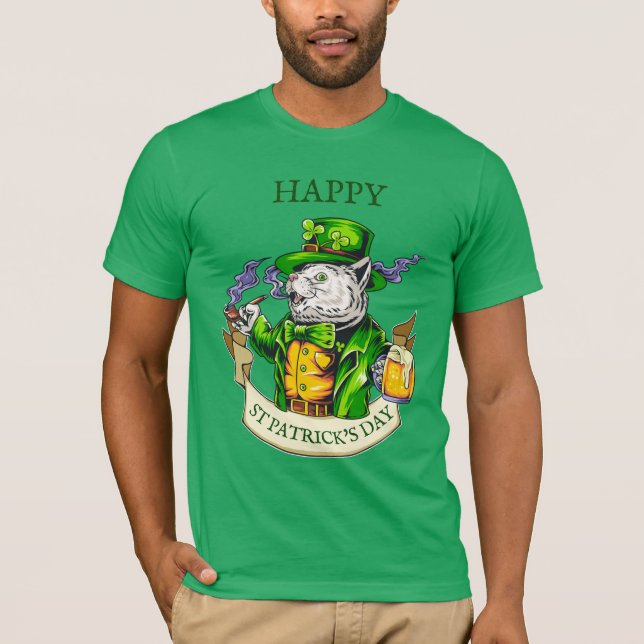 Happy St. Patrick's Day Beer Irish Cat Funny T-Shirt (Front)