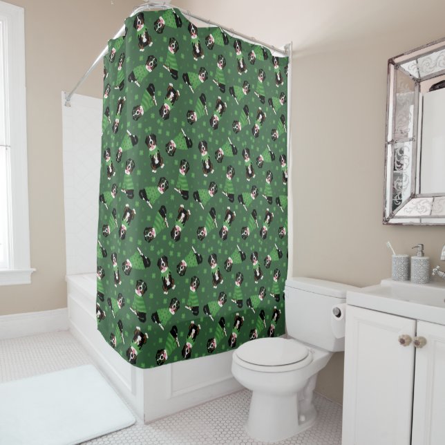 Happy St Patricks Day Bernese Mountain Dogs Shower Curtain (In Situ)