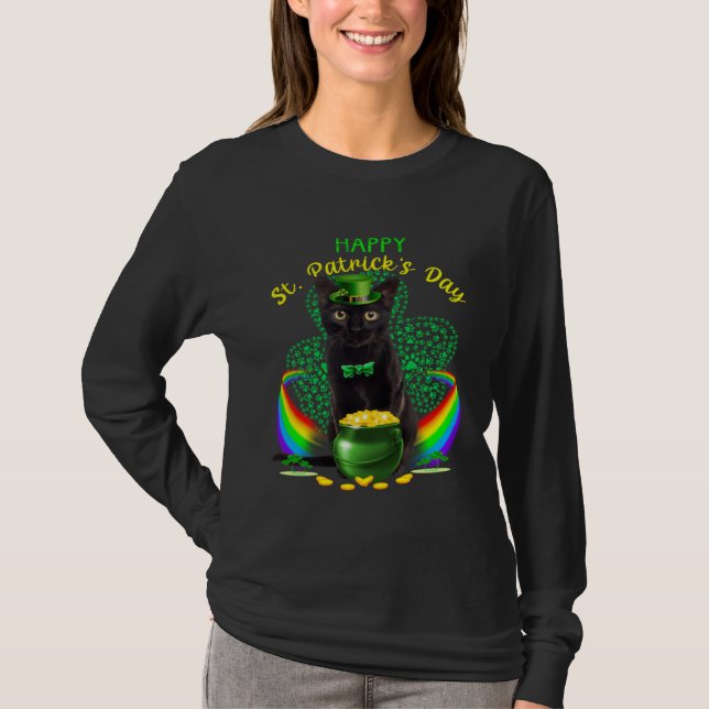 Happy St Patricks Day Black Cat Leprechaun Hat Sha T-Shirt (Front)
