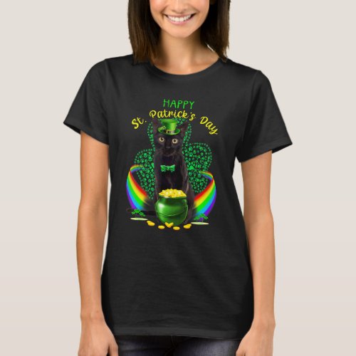 Happy St Patricks Day Black Cat Leprechaun Hat Sha T_Shirt