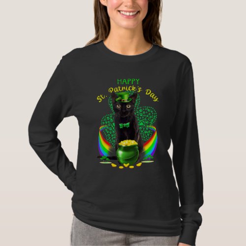 Happy St Patricks Day Black Cat Leprechaun Hat Sha T_Shirt