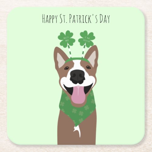 Happy St Patricks Day Brown Dog Green Square Paper Coaster