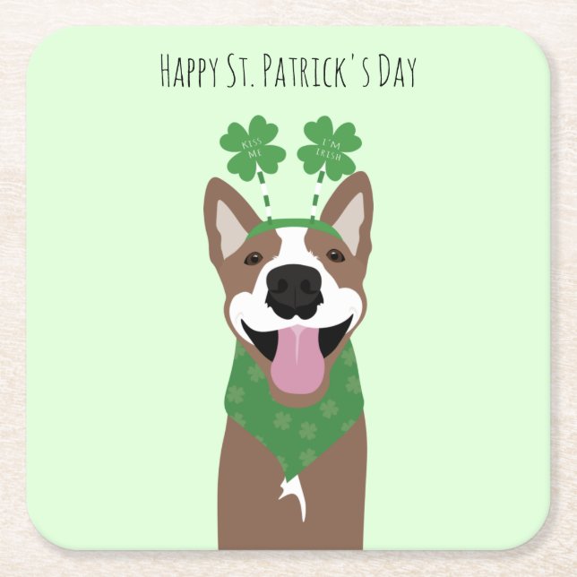 Happy St Patricks Day Brown Dog Green Square Paper Coaster (Front)