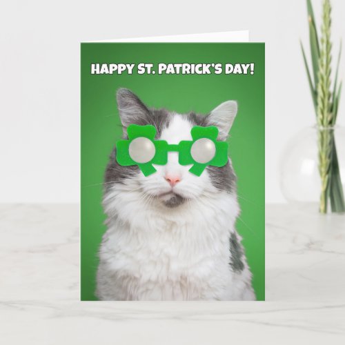 Happy St Patricks Day Cat in Shamrock Glasses Holiday Card