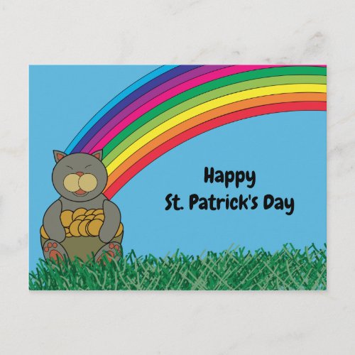 Happy St Patricks Day Cat Rainbow Pot of Gold Postcard