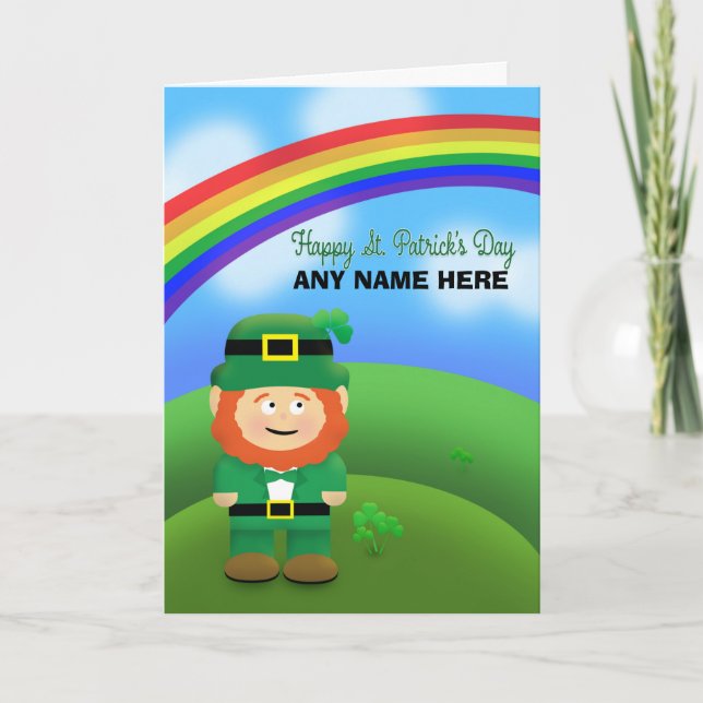 Happy St Patrick's Day Custom Name Leprechaun Holiday Card (Front)