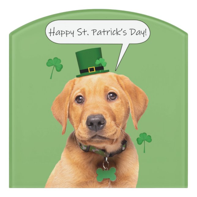 Happy St Patrick's Day Cute Labrador Puppy Door Sign (Contour Front)