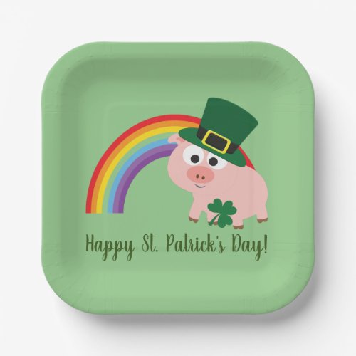 Happy St Patricks Day Cute Leprechaun Pig Paper Plates