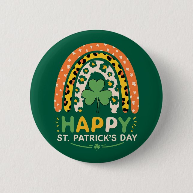 Happy St Patrick's Day Cute Rainbow Leopard Button (Front)