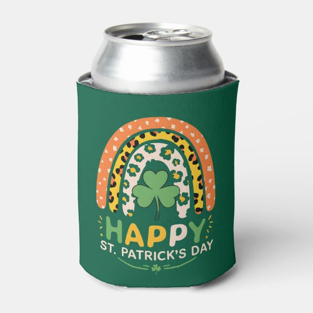 Happy St Patrick's Day Cute Rainbow Leopard Can Cooler (Can Front)