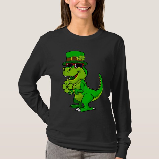 Happy St Patrick's Day Dinosaur Rex Lucky Shamrock T-Shirt (Front)