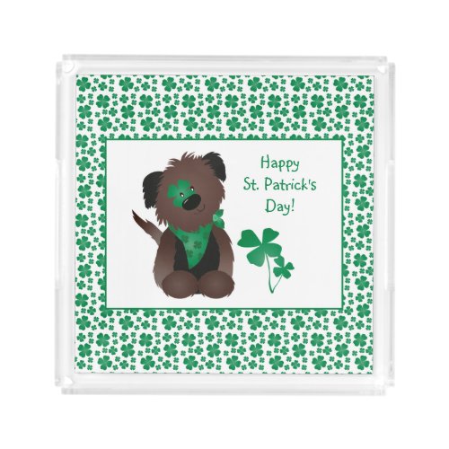 Happy St Patricks Day Dog Four Leaf Clover Green Acrylic Tray
