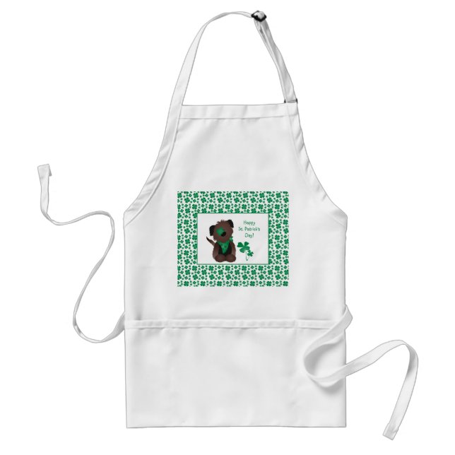 Happy St Patricks Day Dog Four Leaf Clover Green Adult Apron (Front)