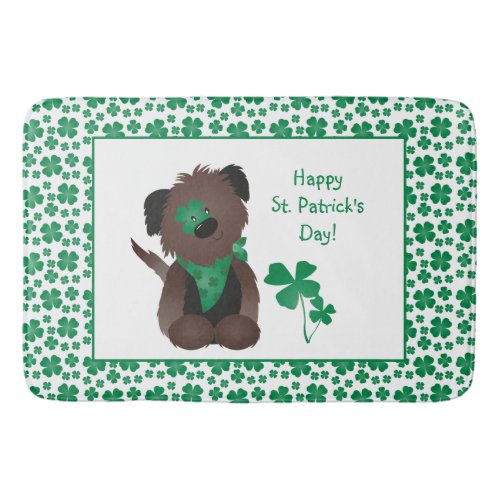 Happy St Patricks Day Dog Four Leaf Clover Green Bath Mat