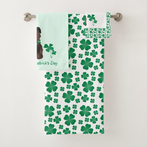 Happy St Patricks Day Dog Four Leaf Clover Green Bath Towel Set