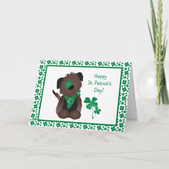 Happy St Patricks Day Dog Four Leaf Clover Green Card