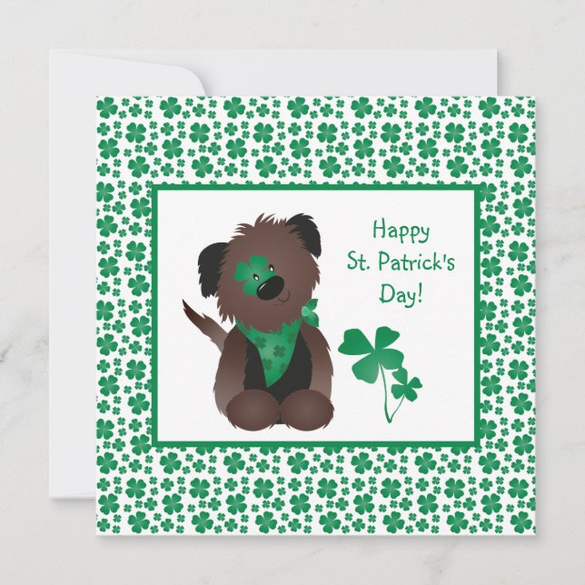 Happy St Patricks Day Dog Four Leaf Clover Green Card (Front)