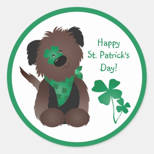 Happy St Patricks Day Dog Four Leaf Clover Green Classic Round Sticker